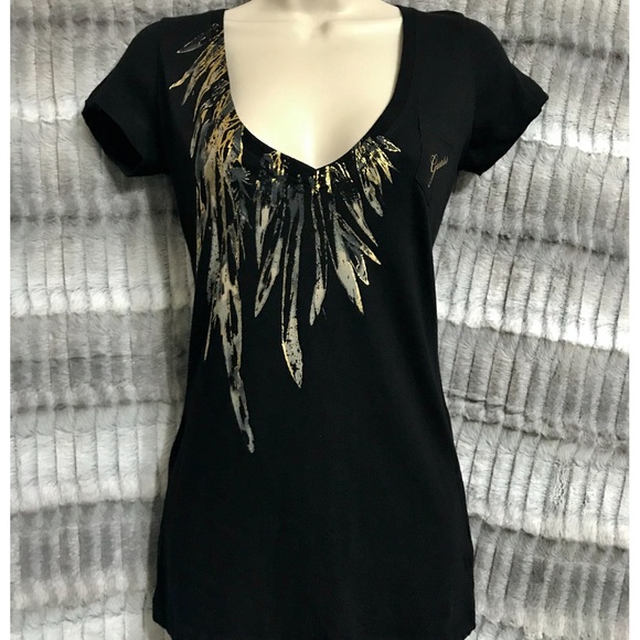NWT GUESS Black Gold Feather Embellished Tee - S - Picture 2 of 7
